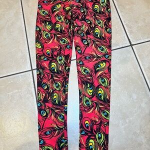 LuLaRoe Vibrant Red and Yellow Peacock Feather Leggings